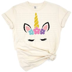 A whimsical unicorn with a colorful floral crown in a cute, dreamy style.