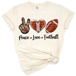 Grunge style football heart with peace and love symbols in an artistic arrangement.