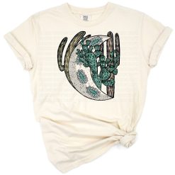 Hand drawn Aztec moon with cactus and gemstone in a western boho style.