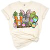 A cheerful bunny with festive Easter decorations and spring flowers.