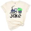 Cartoon train with green clovers and Saint Patrick's Day holiday accents.