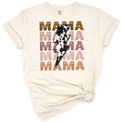 Stacked distressed cowhide and cow print design with the word Mama and a bold lightning bolt accent