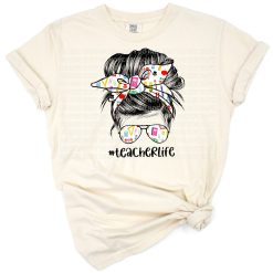 A cartoon-style messy bun with sunglasses and a hairband, perfect for teacher themed designs.
