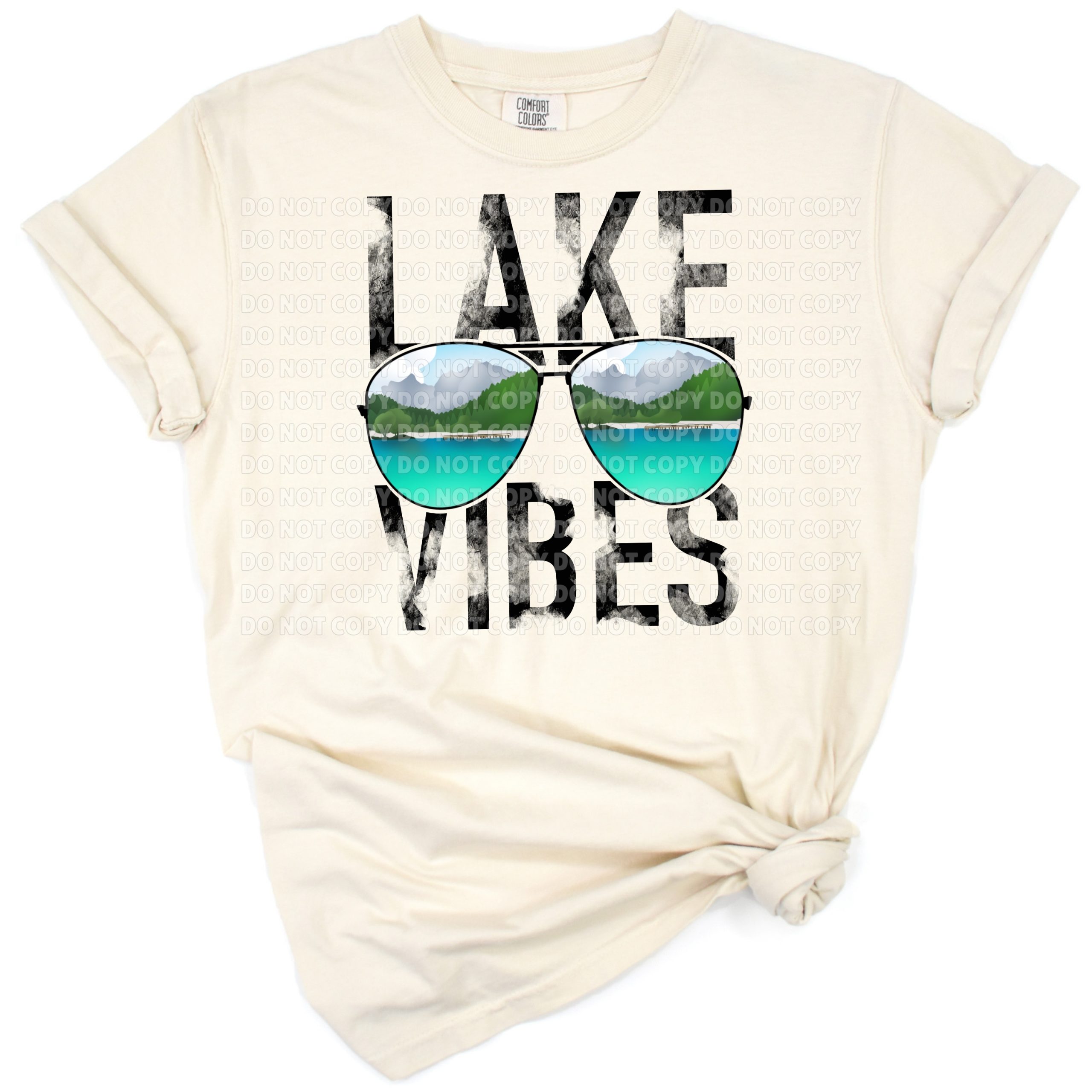 Retro style artwork with a lake, summer elements, and relaxed lake life vibes.