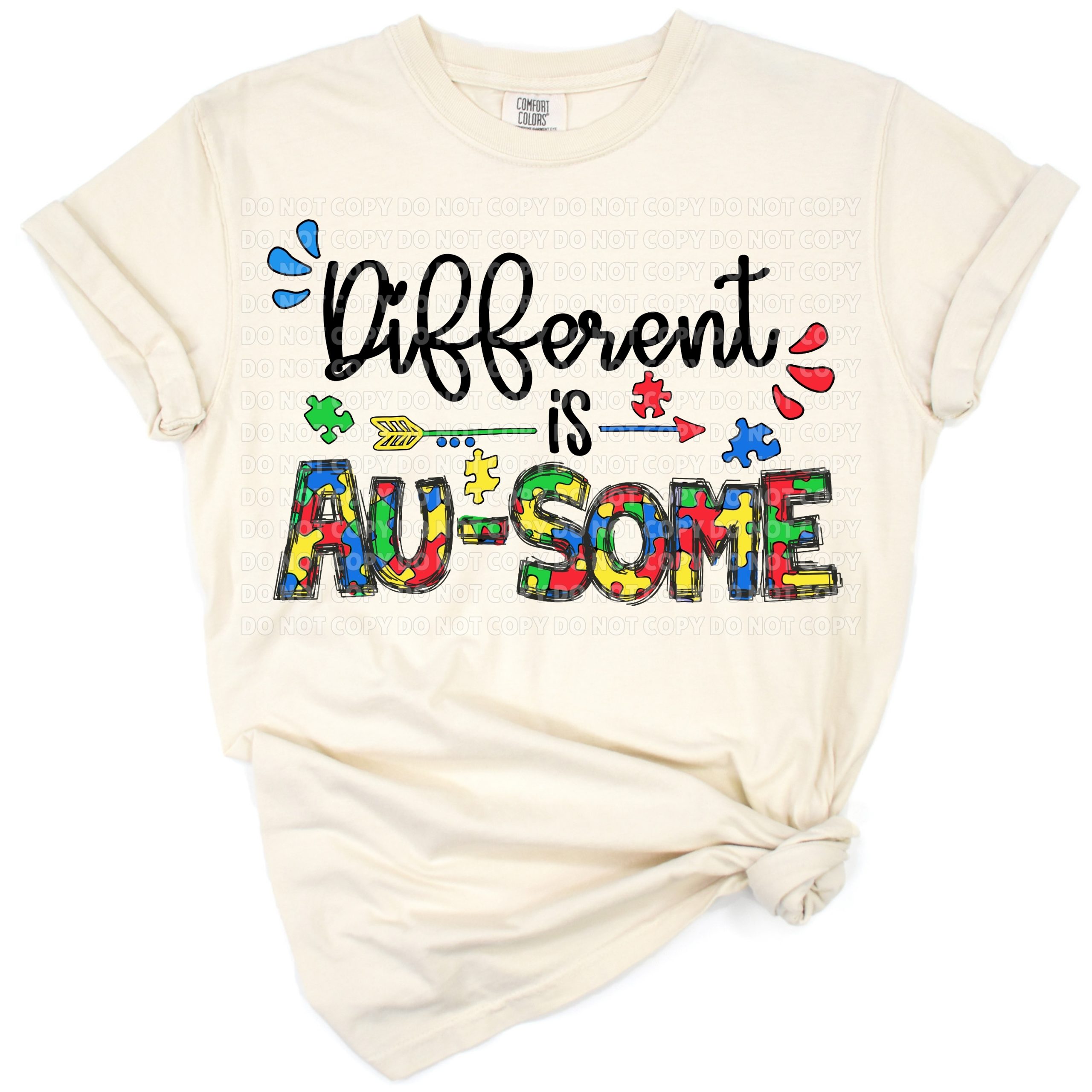 Colorful hand drawn artwork featuring a 'Different Is Au-Some' message with puzzle pieces.