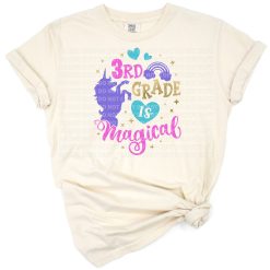 A playful unicorn with a colorful mane and magical accents designed for a third grade school theme.