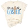 Pastel cross with happy Easter text surrounded by spring accents.