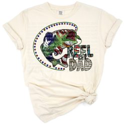 A retro-style striped bass with patriotic colors and themed dad and fishing elements.