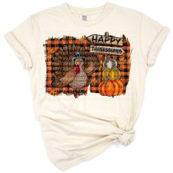 A cheerful turkey with autumn leaves in a festive Thanksgiving design.