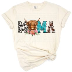 A cute western style longhaired cow with the word Mama in farmhouse boho theme.