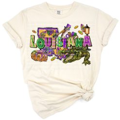 Colorful Mardi Gras celebration artwork with Louisiana elements and festive carnival accents.