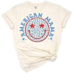 A retro style American mama graphic with USA flag and smiley face artwork.