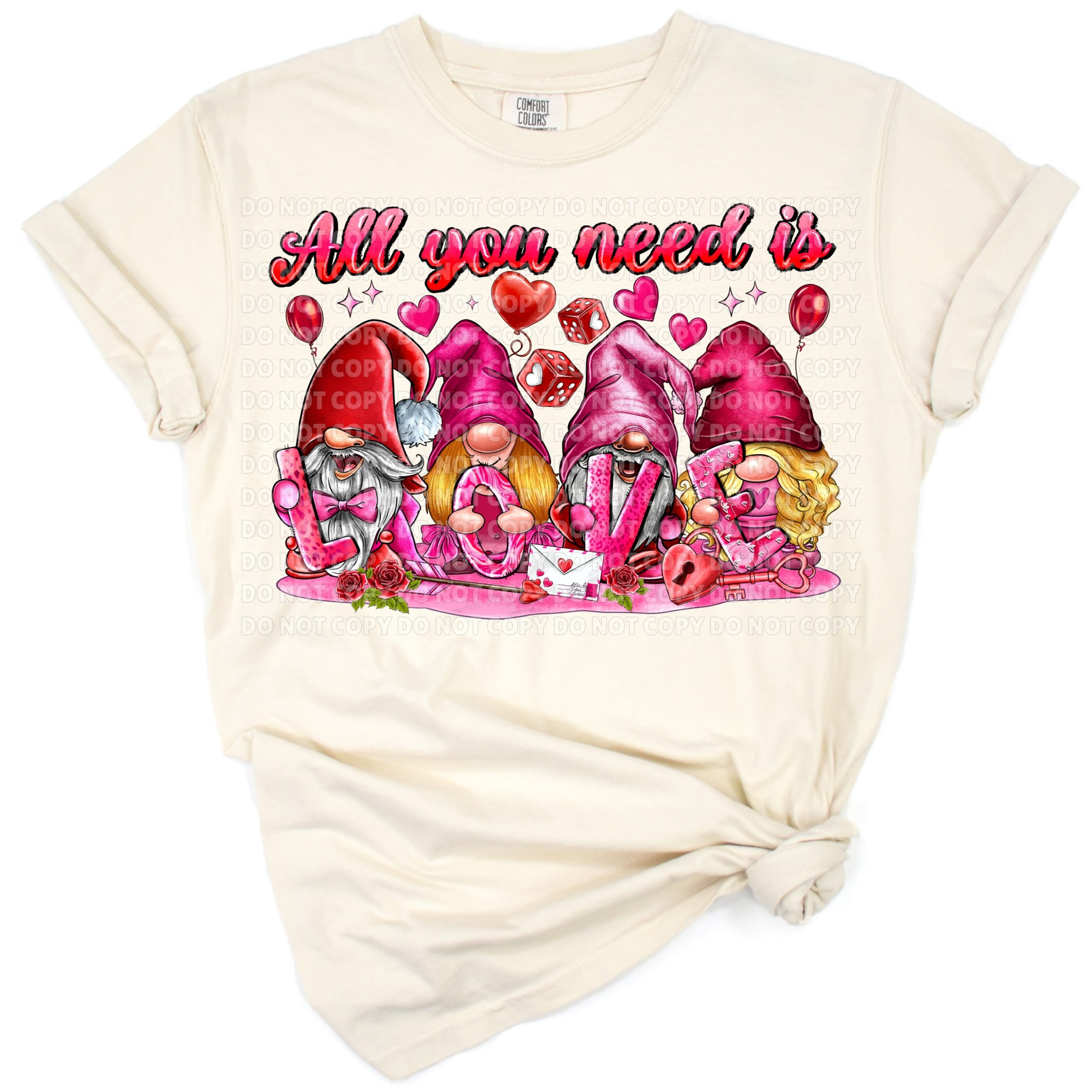 Three adorable gnomes holding hearts and love themed decorations with a Valentine’s style.