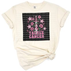 A pink ribbon and football with cheerful accents conveying support for breast cancer awareness.