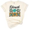 A cheerful sunflower and leopard print design with the words blessed dog mom surrounded by flowers.