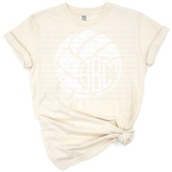A distressed volleyball with a monogram style and vintage grunge effect.