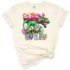 A playful dinosaur with colorful Easter eggs on a spring background.