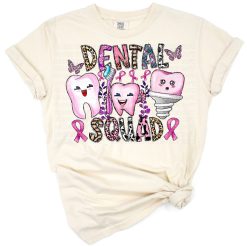 A cheerful tooth character with a pink ribbon and inspirational accents.