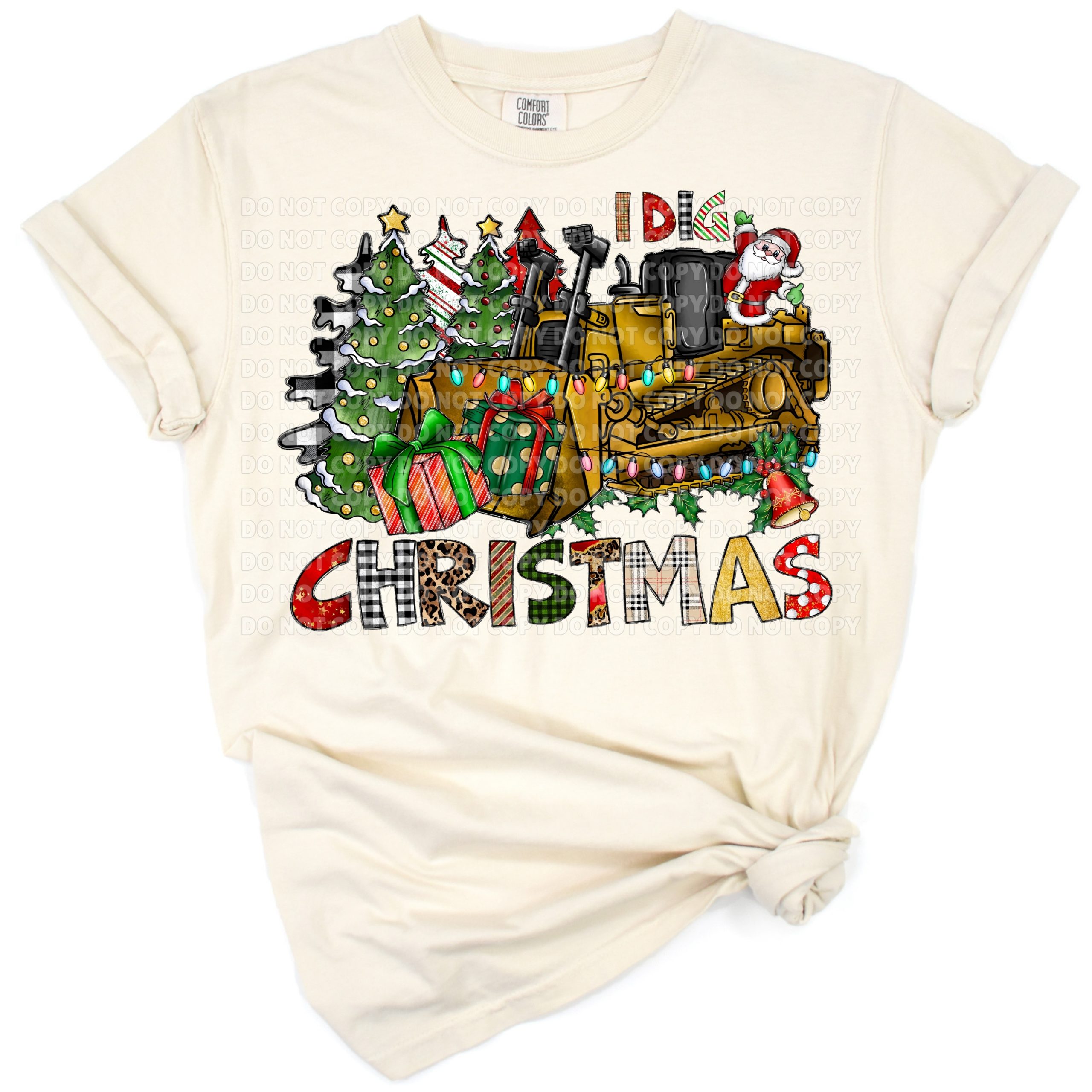 A festive scene with Santa Claus driving a backhoe loader decorated for Christmas in a western style.