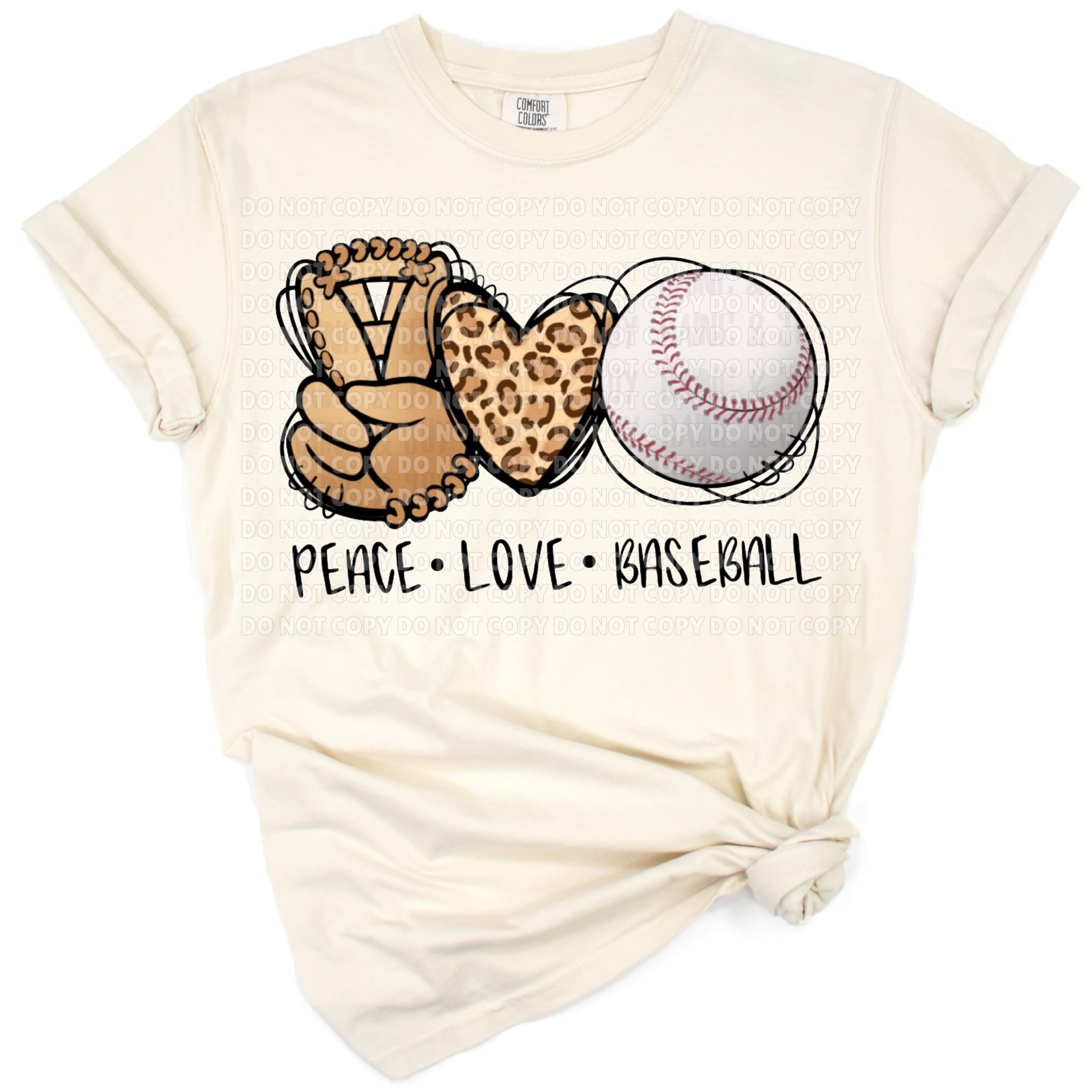 A playful artwork featuring a peace sign, heart, and baseball with trendy accents.
