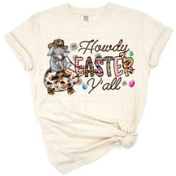 A cheerful bunny wearing a cowboy hat with western accents and Easter decorations.