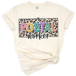 A retro-style leopard print background with postal worker elements and mail carrier motifs.