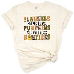 A cheerful autumn design with pumpkins, flannels, hayrides, and bonfires in cozy fall colors.