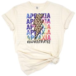 Stacked apraxia awareness text with tie dye and cheetah leopard bolt accents in a distressed style.