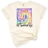 A retro tie dye design featuring the phrase straight outta patience with fun teacher-themed elements.