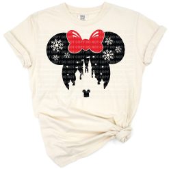 A cute cartoon mouse wearing Christmas attire in a festive holiday scene.