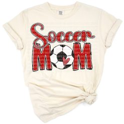 Red and white soccer mom graphic with bold lettering and sporty accents.