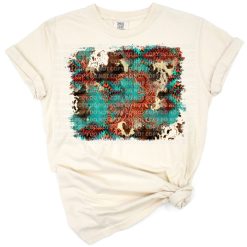 Aztec turquoise glitter cowhide western background with boho country styling.