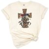 A grunge cheetah leopard print cross decorated with colorful spring florals and faith text.