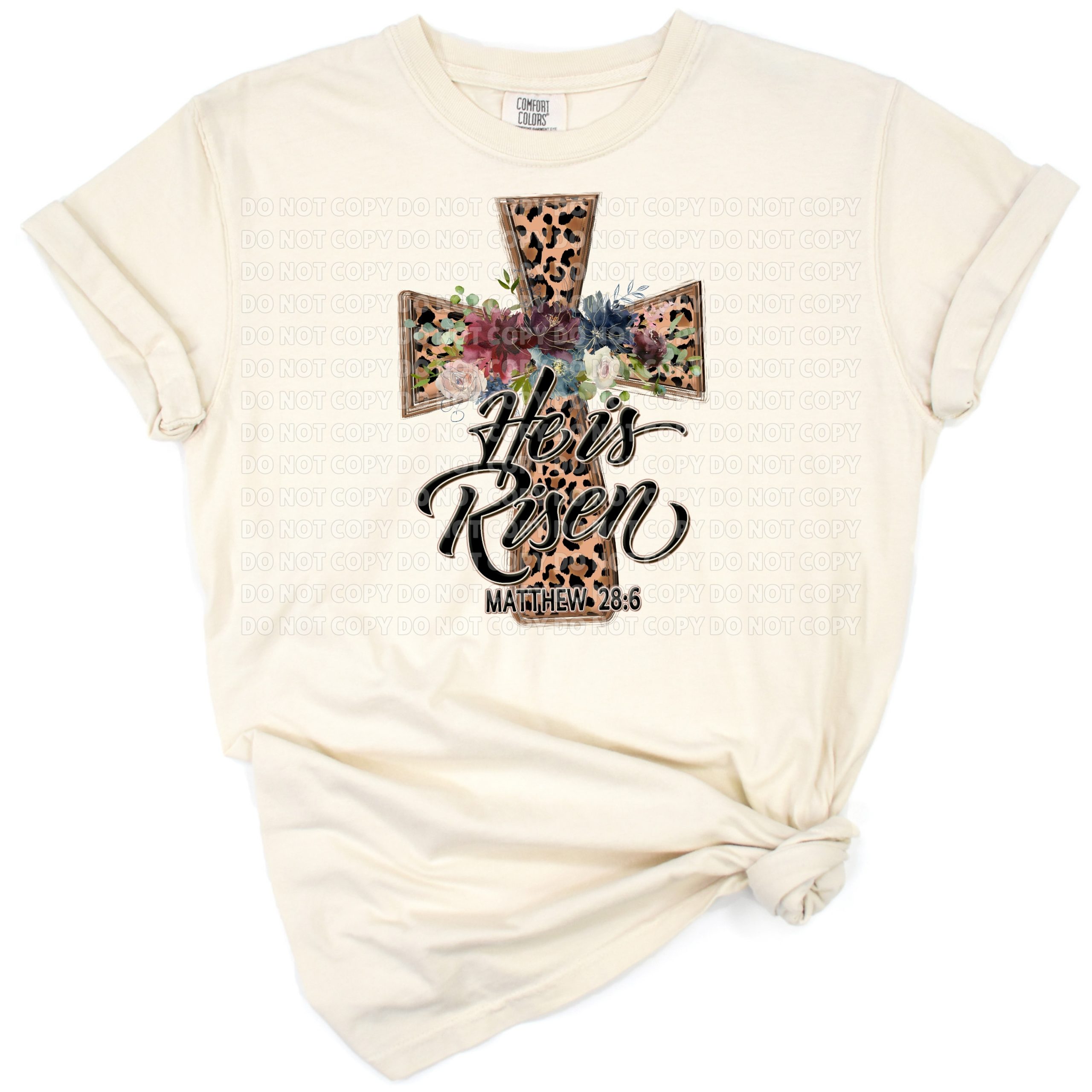 A grunge cheetah leopard print cross decorated with colorful spring florals and faith text.