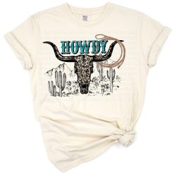 A retro western illustration with a cowgirl, cowboy, cow skull, and desert landscape.