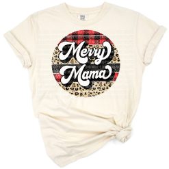 A cheerful retro 'Merry Mama' Christmas design with leopard print and buffalo plaid accents.