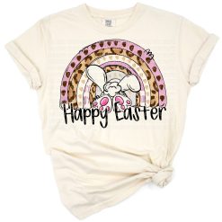 A pastel rainbow Easter design with eggs and festive spring elements.