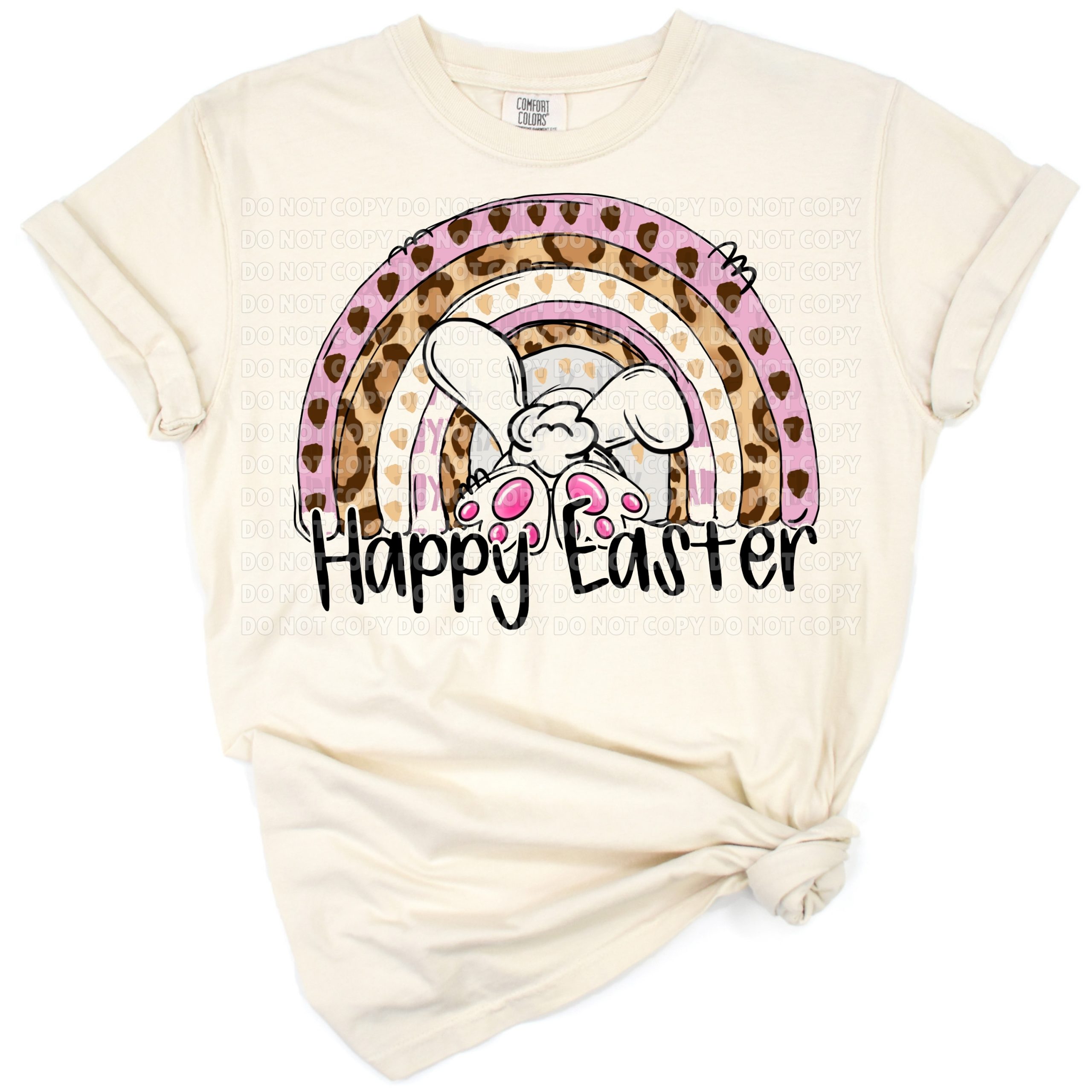 A pastel rainbow Easter design with eggs and festive spring elements.
