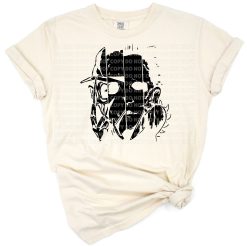 A spooky horror-themed Halloween design with autumn elements for apparel.