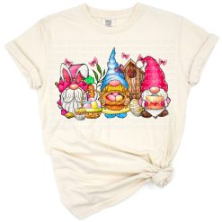 A cheerful truck decorated for Easter, featuring a bunny and a gnome surrounded by spring elements.