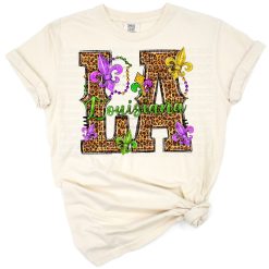 A colorful Louisiana state artwork with leopard print and Mardi Gras festival accents.