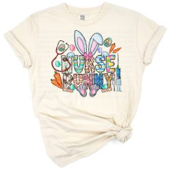 A nurse-themed cartoon bunny rabbit wearing a cap surrounded by Easter elements.