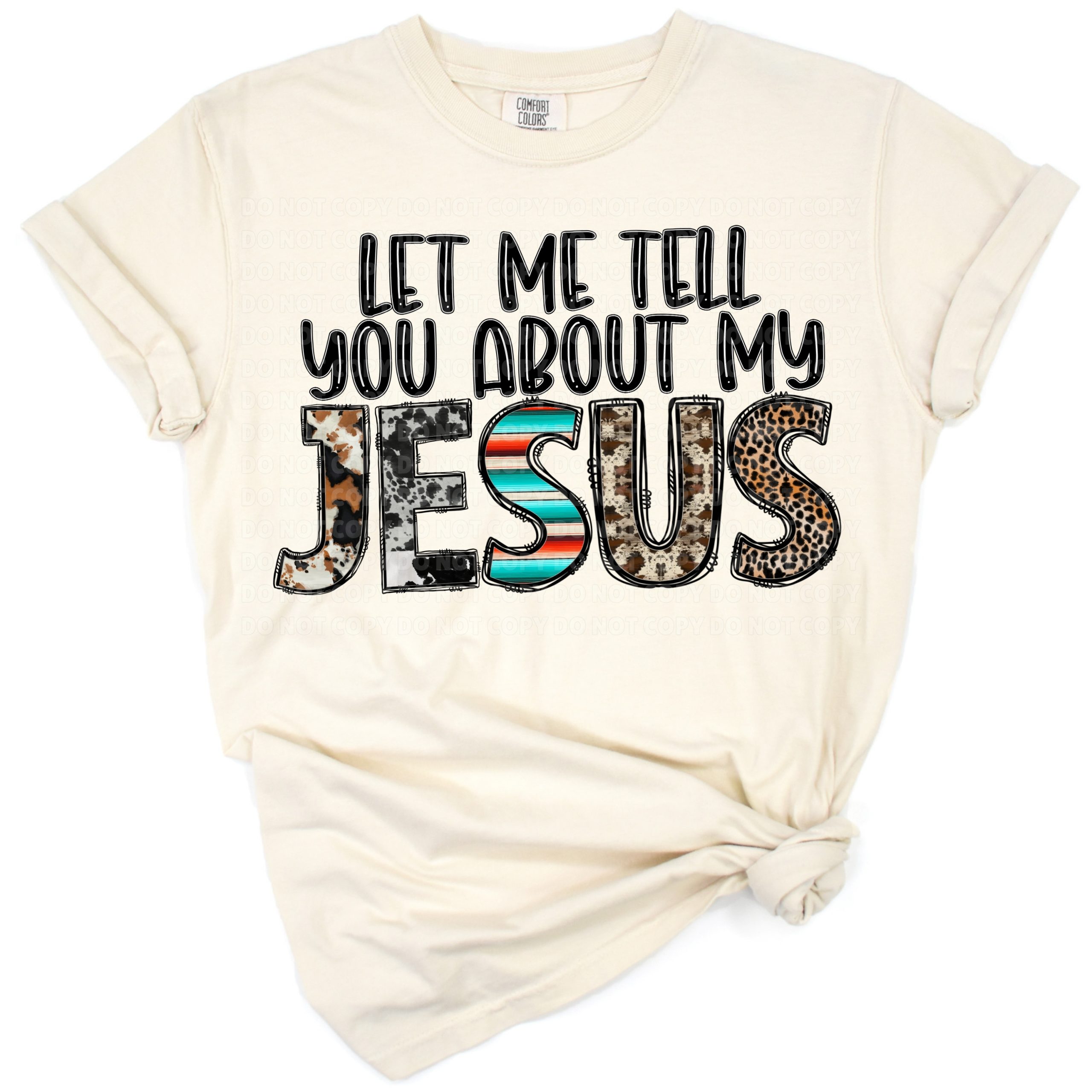 Western boho artwork featuring Jesus lettering, turquoise gemstones, leopard print, and cowhide pattern.