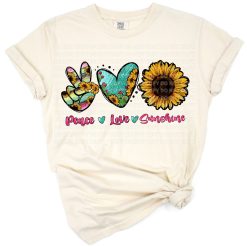 Retro themed peace, sunflower, cactus, serape pattern, and turquoise heart artwork.