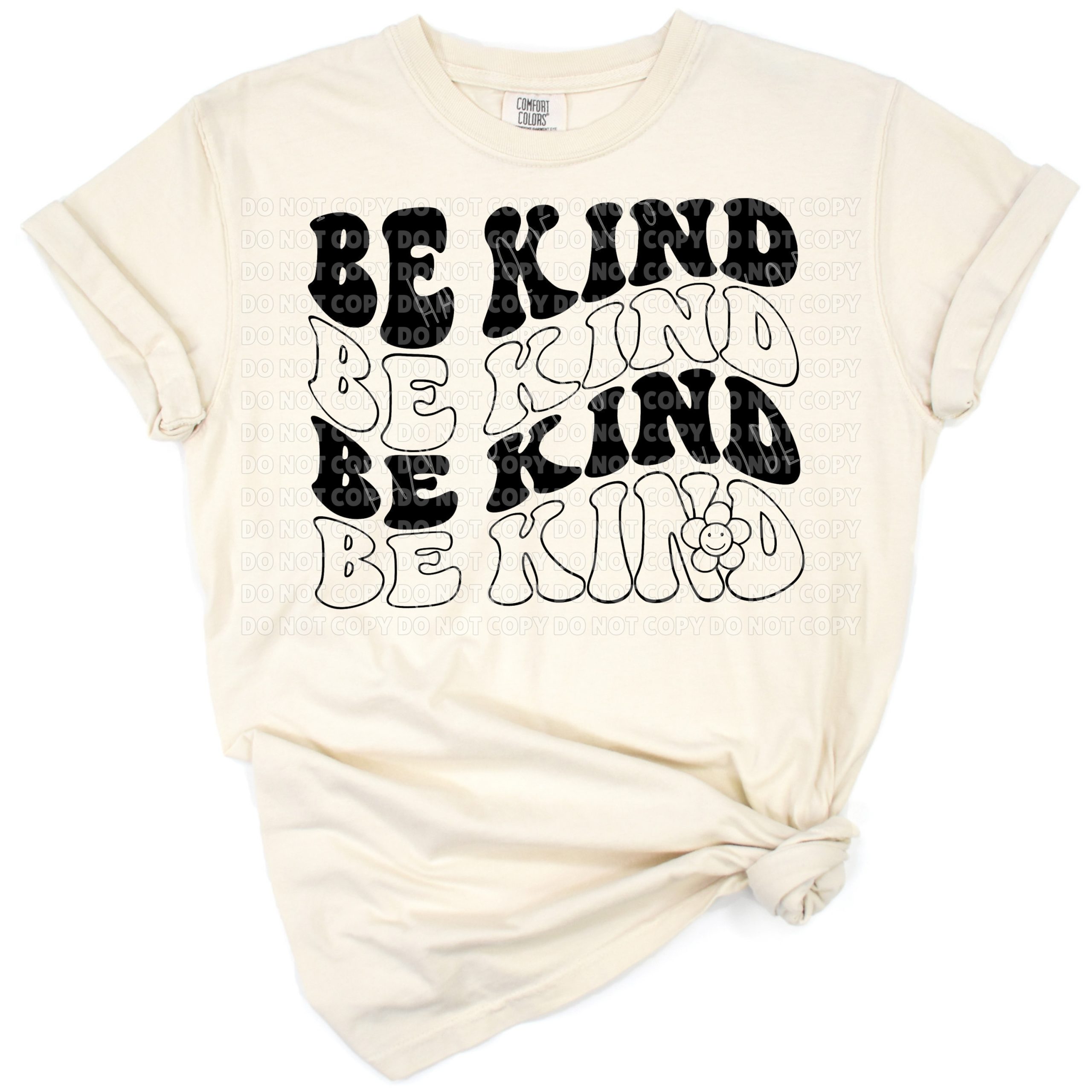 Hand lettered Be Kind text with heart accents in a cheerful retro style.