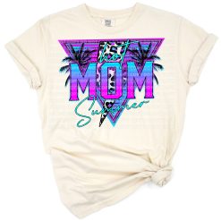 Neon retro beach design with leopard print and bold mom summer lettering.