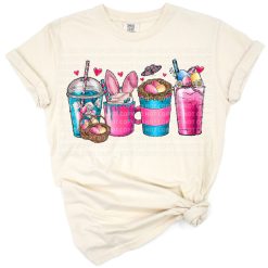 A pastel illustration of a coffee cup decorated with an Easter bunny and spring accents.