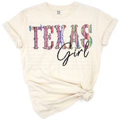Texas Girl text in serape pattern with faux glitter accents and retro colors