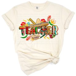 A cheerful teacher-themed design with Mexican festive elements and bright colors.
