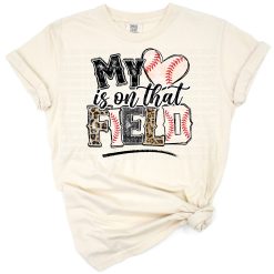 Leopard print heart with baseball stitching and the words My Heart Is On That Field in a playful layout.